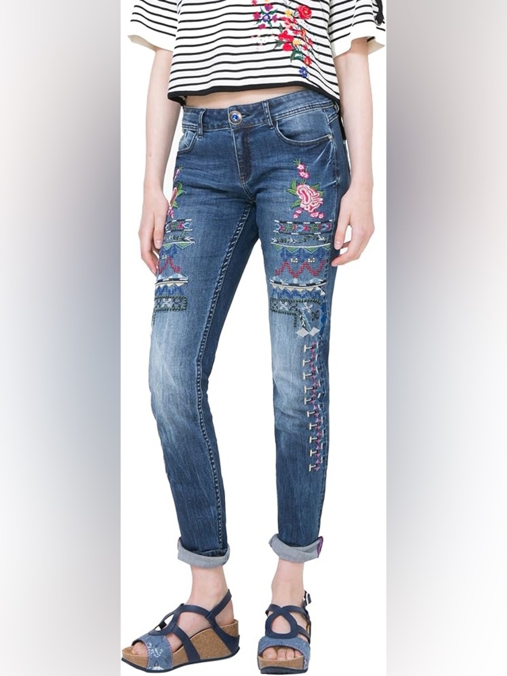 Desigual embroidered jeans irina straight skinny size 28 Preowned distressed
